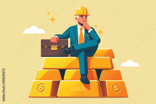 Businessman in gold helmet sitting on pile of gold bars