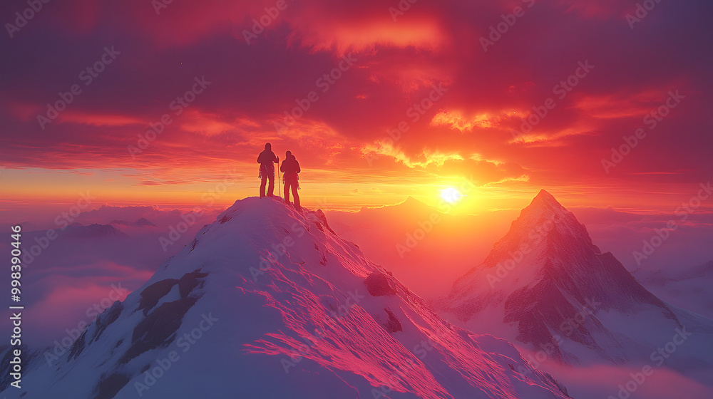 Two Hikers Standing on the Top of a Snowy Mountain Peak
Two Hikers Standing on the Top of a Snowy Mountain Peak