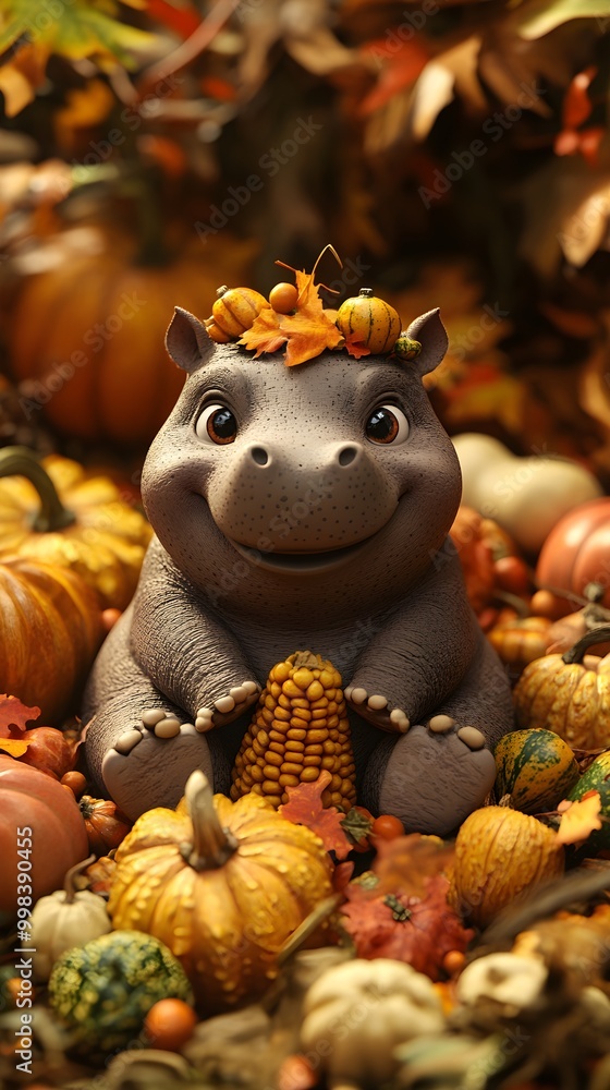 3D baby hippo sitting in pile of harvest vegetables with corn and pumpkins. 3D baby hippo sitting in pile of harvest vegetables with corn and pumpkins.