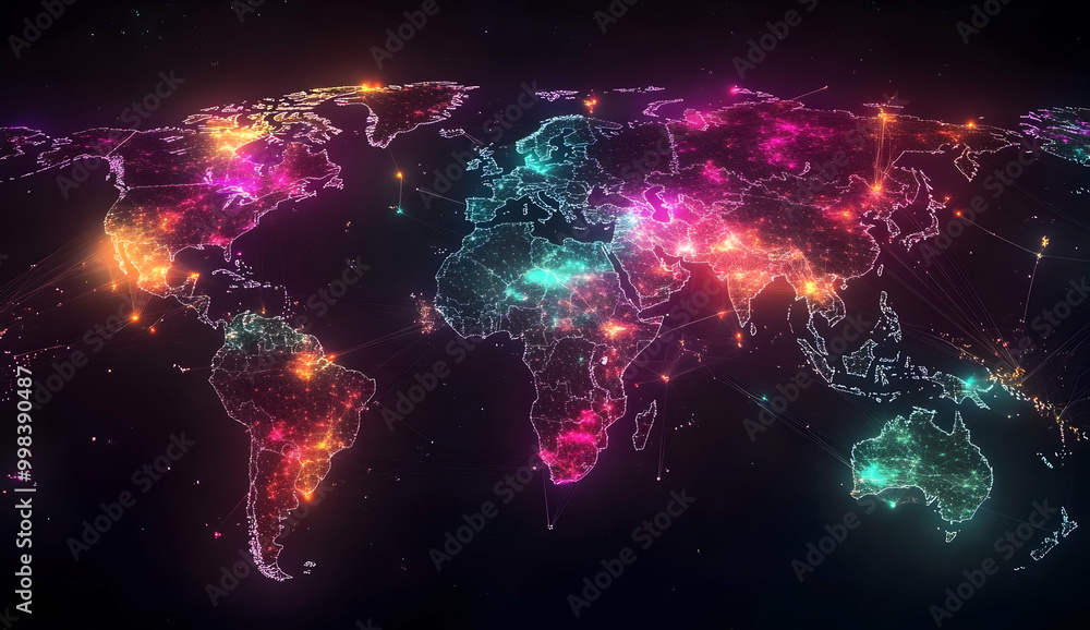Obraz premium Vibrant Digital World Map with Glowing Connections