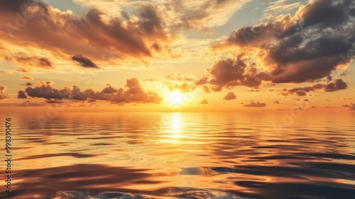 Picture a golden sunset with a partially cloudy sky, casting warm hues over a calm, reflective sea