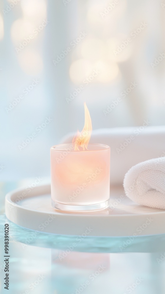 A serene candle with a soft flame on a tranquil surface. A serene candle with a soft flame on a tranquil surface.