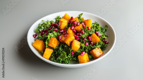 Hearty salad with kale, butternut squash, pomegranate, and maple dressing for health. A plant-based salad with kale and butternut squash, topped with pomegranate seeds and maple dressing, makes for a 