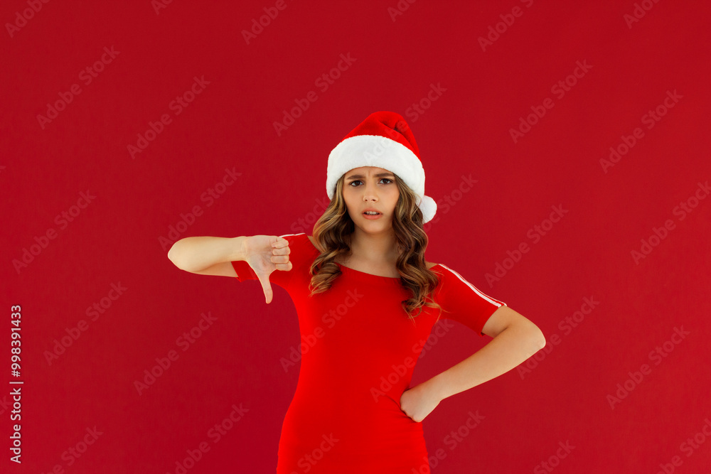 Beautiful european woman wearing christmas hat and red dress looking unhappy and angry showing rejection and negative with thumbs down gesture. Bad expression. Beautiful european woman wearing christmas hat and red dress looking unhappy and angry showing rejection and negative with thumbs down gesture. Bad expression.