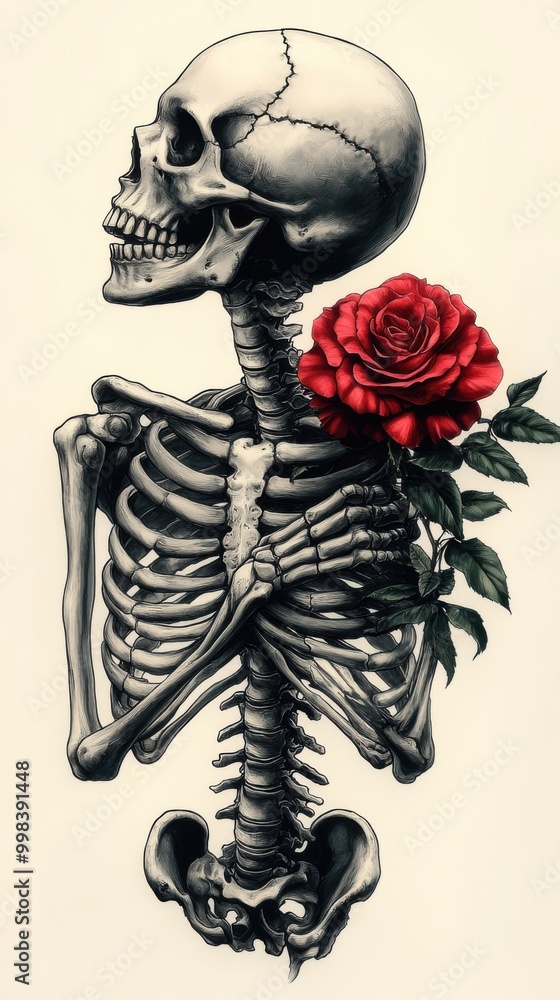 Skeleton Holding a Red Rose with Intricate Details and Emotional Contrast Skeleton Holding a Red Rose with Intricate Details and Emotional Contrast