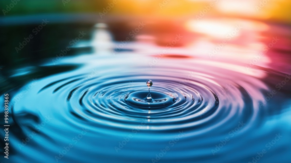 Close-up of a water droplet creating ripples in a calm body of water at sunset. Close-up of a water droplet creating ripples in a calm body of water at sunset.