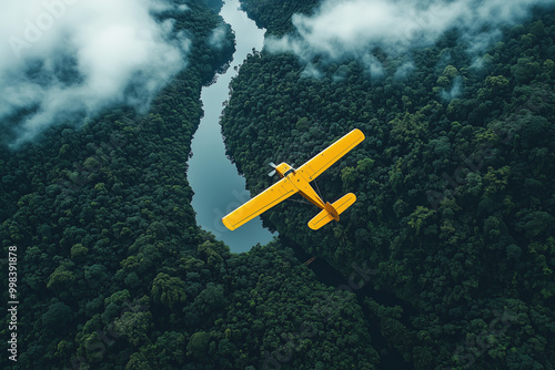 Yellow Plane Flying Over Lush Forest and River