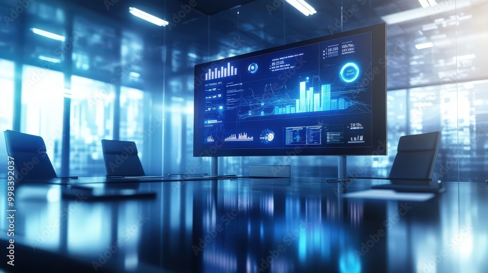 Picture a modern conference room with a large screen displaying financial performance metrics. Picture a modern conference room with a large screen displaying financial performance metrics.