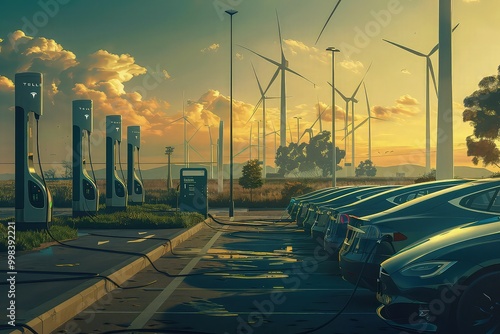 A lineup of electric vehicles (EVs) charging at a solar-powered charging station, with wind turbines visible in the distance. photo