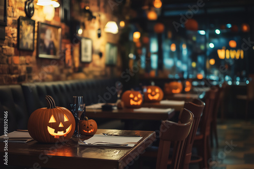 Obraz na płótnie Cozy Halloween Ambiance With Carved Pumpkins and Decorations Brightening up a Charming Restaurant Setting w salonie