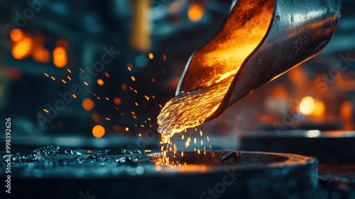 Molten metal being poured from a ladle, fiery sparks flying, industrial operation in a foundry. photo