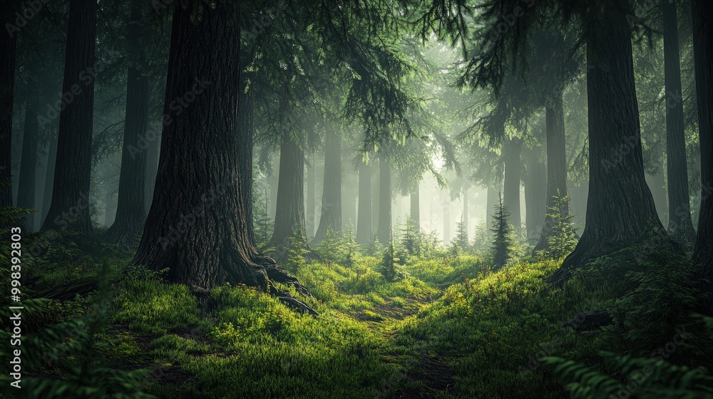 Picture a pine forest with soft, diffused light filtering through the canopy. Picture a pine forest with soft, diffused light filtering through the canopy.