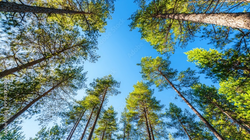 Obraz premium Picture a pine forest with a clear blue sky overhead.