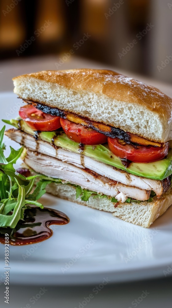 Sandwich with chicken, avocado, tomatoes and arugula Sandwich with chicken, avocado, tomatoes and arugula