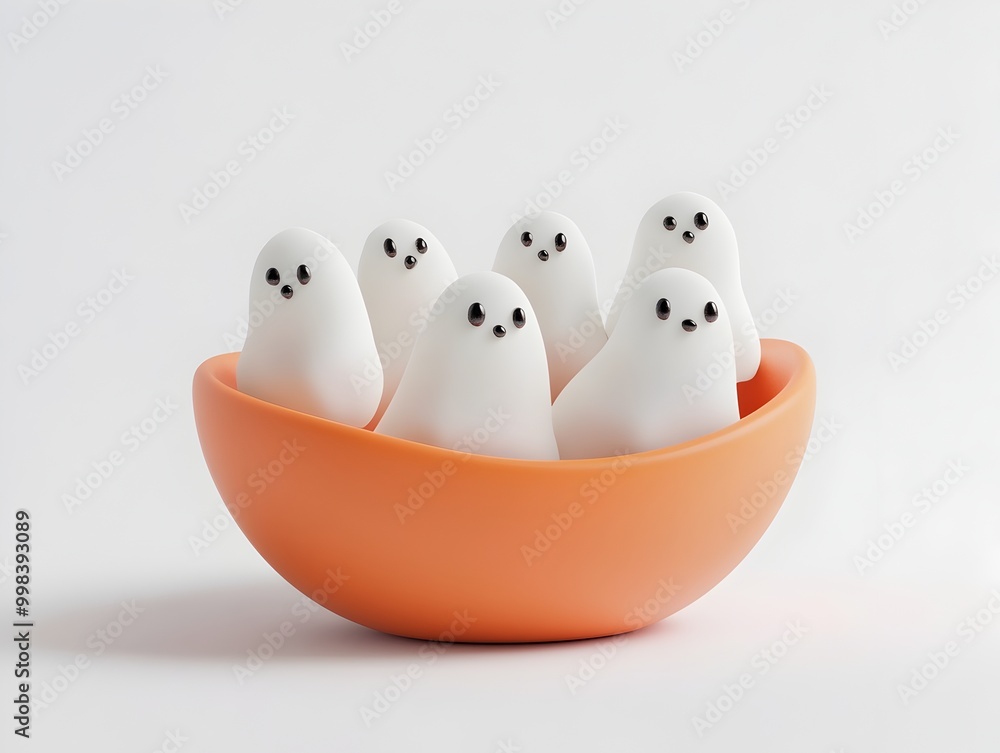 Closeup of Minimalist 3D Rendered Halloween Candy Bowl with Organic Ghost Inspired Treats on Bright White Background Closeup of Minimalist 3D Rendered Halloween Candy Bowl with Organic Ghost Inspired Treats on Bright White Background