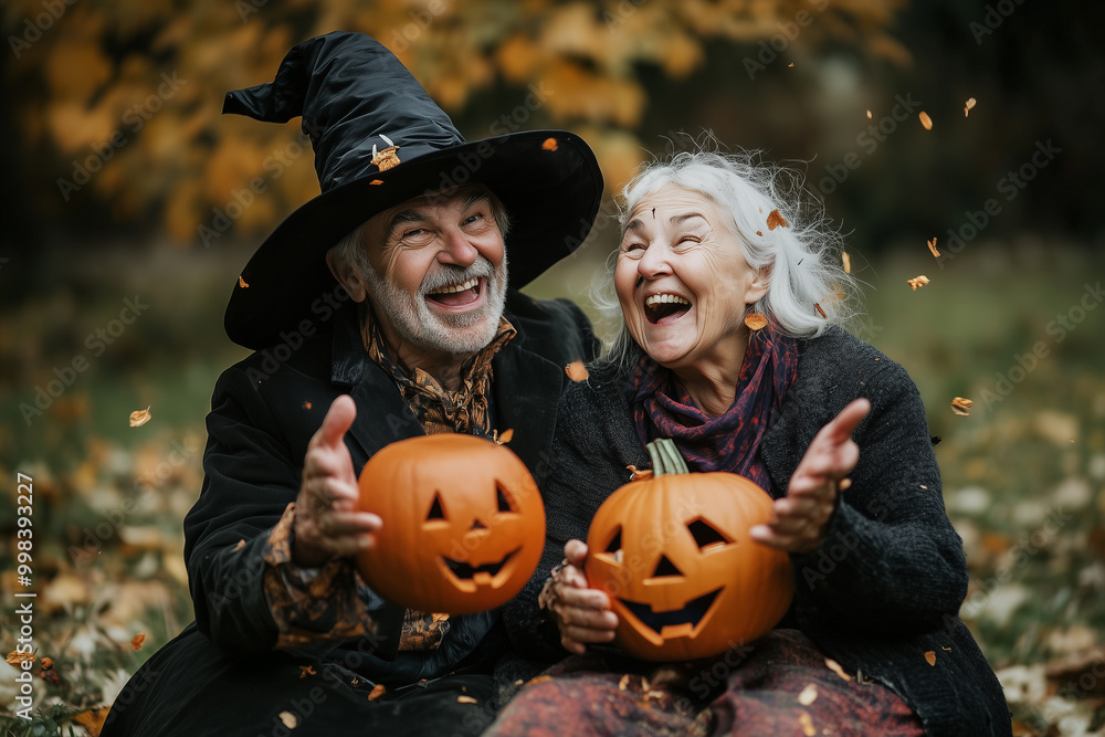 A Joyful Couple in Halloween Costumes Carves Pumpkins Together, Surrounded by Autumn Leaves While Celebrating the Spirit of Trick or Treating A Joyful Couple in Halloween Costumes Carves Pumpkins Together, Surrounded by Autumn Leaves While Celebrating the Spirit of Trick or Treating