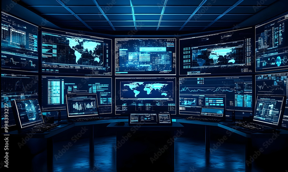 Obraz premium Futuristic Control Room with Multiple Screens Displaying Data