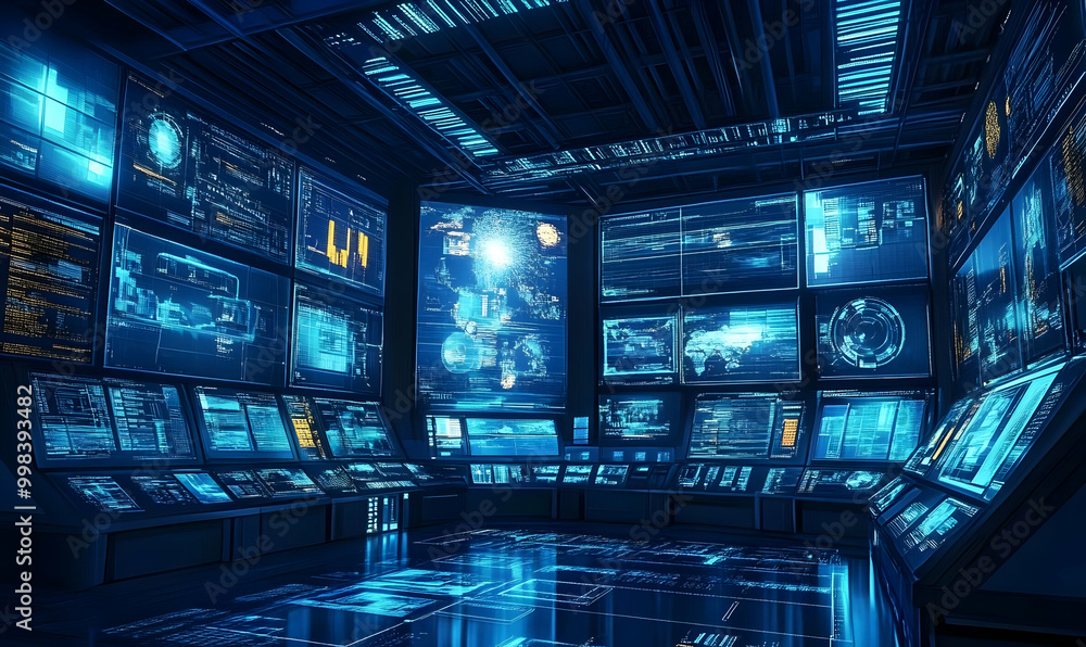 Fototapeta premium Futuristic Control Room with Multiple Digital Screens