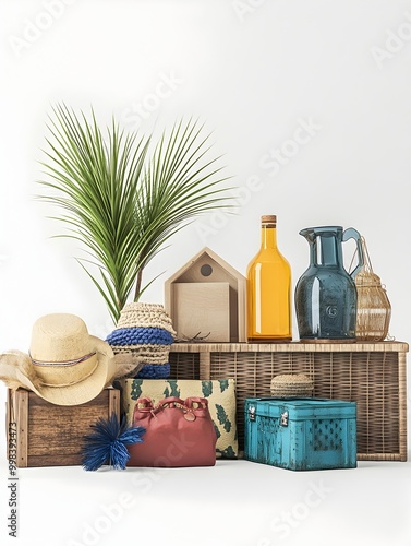 Closeup of Vintage Yard Sale Items and Displays on Pristine White Background