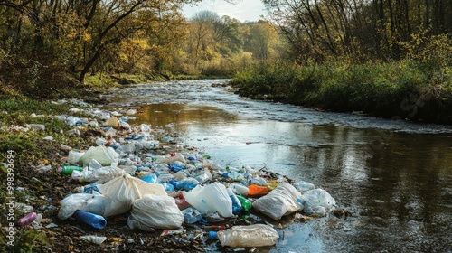 Wallpaper Mural Picture a river filled with a variety of trash, including plastic bags, bottles, and food wrappers. Torontodigital.ca
