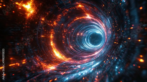 A 3D futuristic scene with high-speed motion blur and light ray acceleration portrays a science fiction wormhole effect for background design.