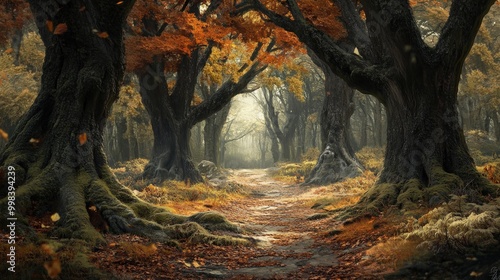 Picture a rugged forest with ancient oak trees and a carpet of fallen leaves.