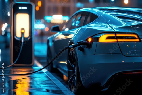 A sleek electric vehicle charging at a modern station in a vibrant urban setting.