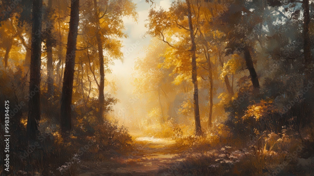 Picture a serene woodland with soft, golden light filtering through the trees. Picture a serene woodland with soft, golden light filtering through the trees.