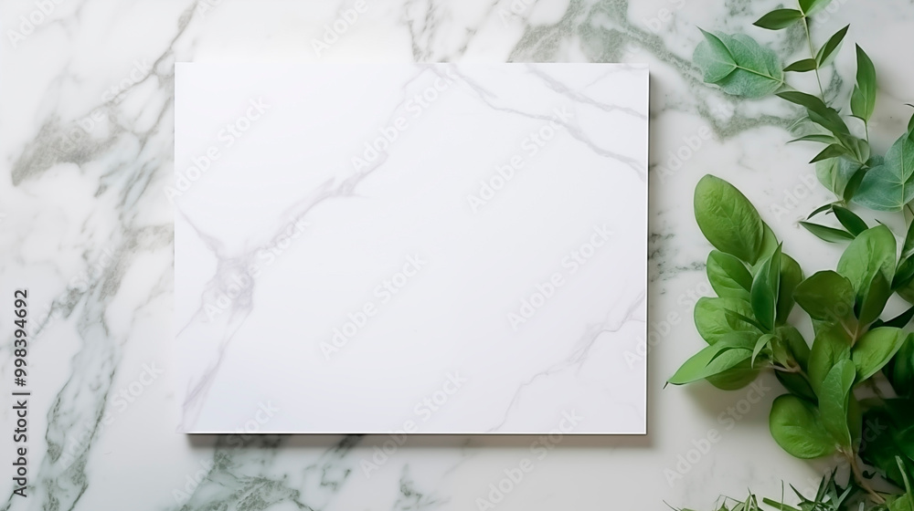 White canvas mockup on marble with green leaves on right. Minimalistic blank template advertising image. Simplicity and elegance with natural elements mock up product photorealistic White canvas mockup on marble with green leaves on right. Minimalistic blank template advertising image. Simplicity and elegance with natural elements mock up product photorealistic