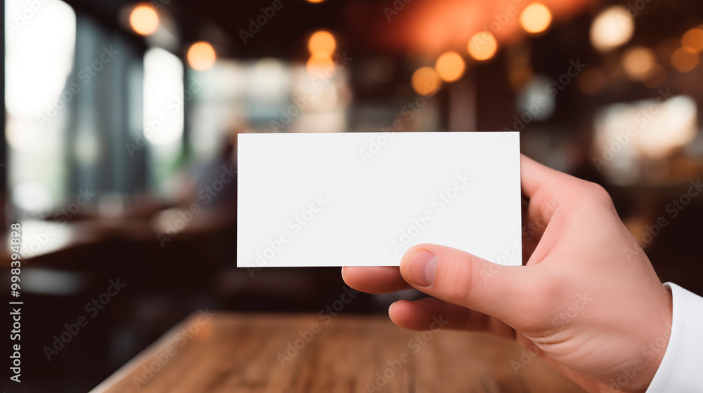Hand holds blank white business card mockup in warm indoor cafe. Restaurant setting template advertising image. Blurred lights, cozy ambiance. Identity mock up product photorealistic Hand holds blank white business card mockup in warm indoor cafe. Restaurant setting template advertising image. Blurred lights, cozy ambiance. Identity mock up product photorealistic