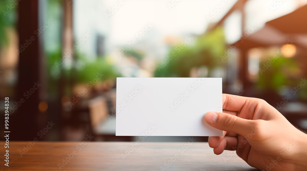 Hand holding blank white card over blurred outdoor background with greenery. Cafe table. Branding, identity template advertising image. Promotional design mock up photorealistic Hand holding blank white card over blurred outdoor background with greenery. Cafe table. Branding, identity template advertising image. Promotional design mock up photorealistic
