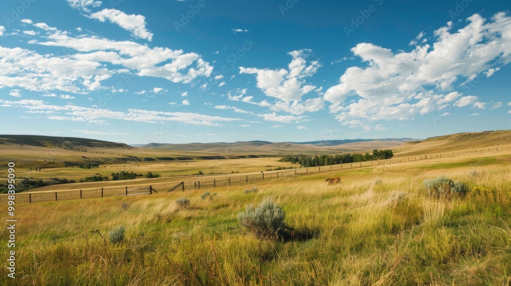 Expansive green meadows and blue skies in a picturesque countryside landscape Expansive green meadows and blue skies in a picturesque countryside landscape