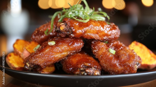 Picture a serving of fried chicken wings with a sweet and spicy maple glaze.