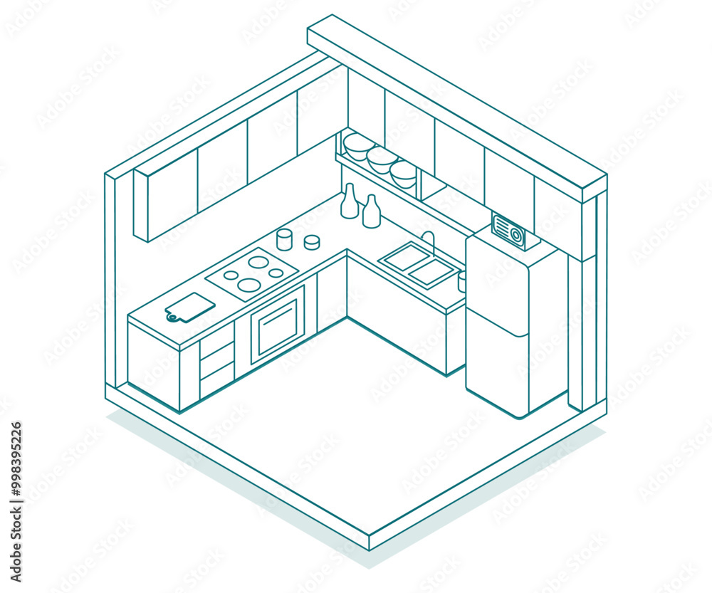 Bright isometric kitchen illustration made with lines: stylish and ...