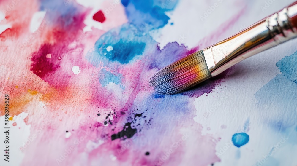 Picture a set of watercolor paints with a brush dipped in one of the hues Picture a set of watercolor paints with a brush dipped in one of the hues