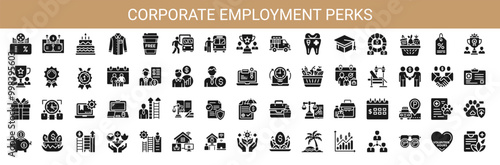 corporate employment perks benefits glyphs icon collection, team member professional staff