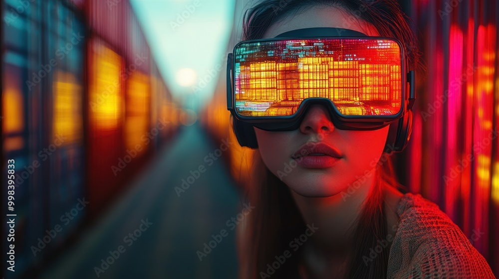 Woman in Futuristic Glasses in Neon City Woman in Futuristic Glasses in Neon City