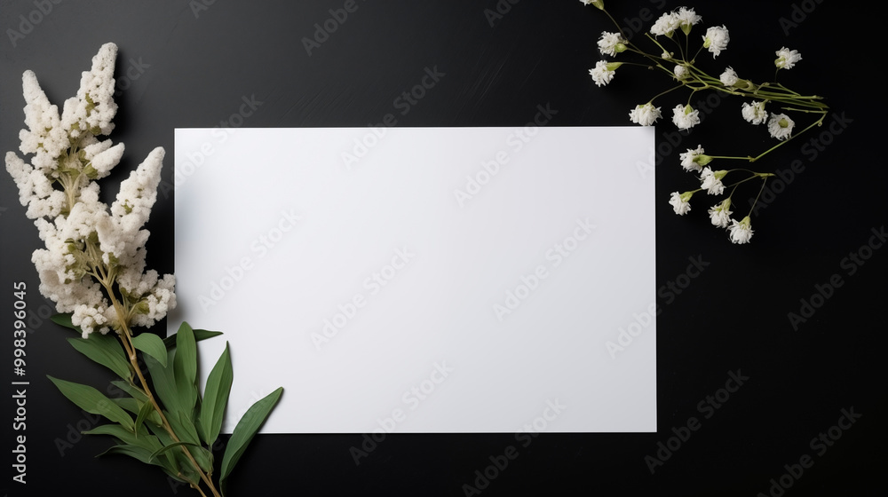 White paper sheet on dark background bordered by delicate white flowers. Minimalistic botanical theme template advertising image. Clean blossom floral mock up product photorealistic White paper sheet on dark background bordered by delicate white flowers. Minimalistic botanical theme template advertising image. Clean blossom floral mock up product photorealistic