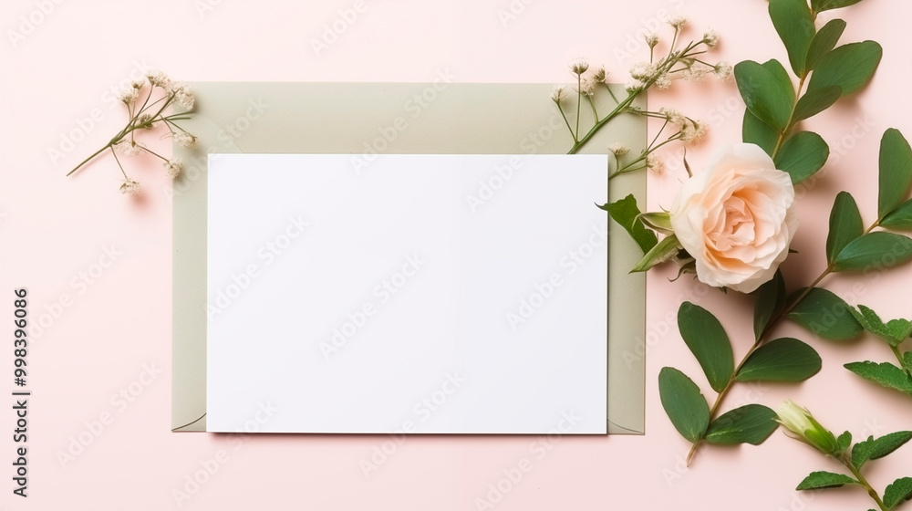 Blank white card mockup with peach rose on pastel background. Elegantly arranged paper template advertising image. Romantic gentle flowers green leaves mock up product photorealistic Blank white card mockup with peach rose on pastel background. Elegantly arranged paper template advertising image. Romantic gentle flowers green leaves mock up product photorealistic