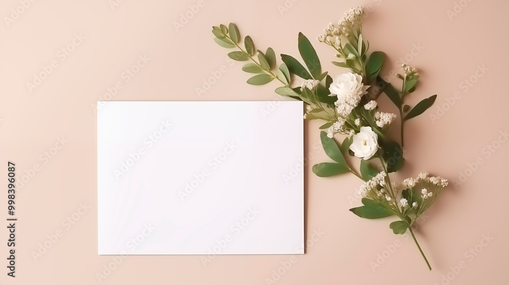 Blank white card mockup on beige surface with delicate flowers green leaves. Elegantly arranged paper template advertising image. Soft color palette mock up product photorealistic Blank white card mockup on beige surface with delicate flowers green leaves. Elegantly arranged paper template advertising image. Soft color palette mock up product photorealistic