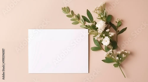 Blank white card mockup on beige surface with delicate flowers green leaves. Elegantly arranged paper template advertising image. Soft color palette mock up product photorealistic