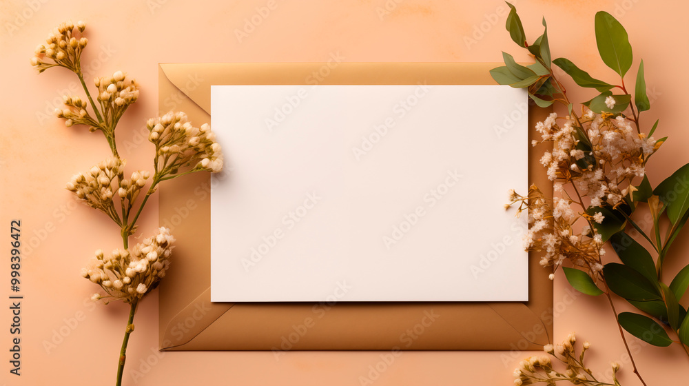 Blank white card on beige envelope accented by green floral branches. Botanical theme. Wedding invitation template advertising image. Feminine design mock up product photorealistic Blank white card on beige envelope accented by green floral branches. Botanical theme. Wedding invitation template advertising image. Feminine design mock up product photorealistic