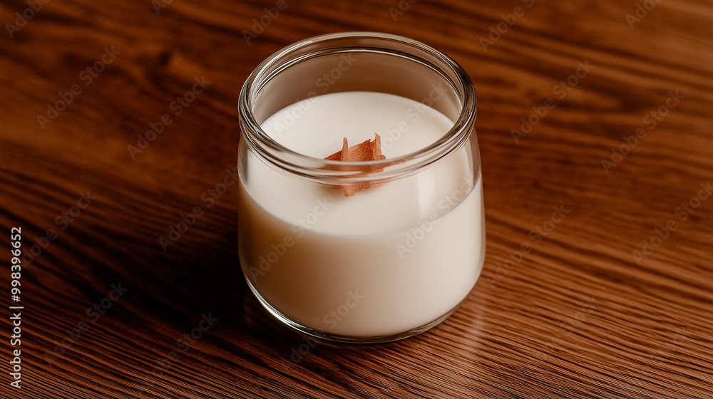 Candle autumn in small amber glass jar with wooden wick on wooden stand on background. Top view Candle autumn in small amber glass jar with wooden wick on wooden stand on background. Top view