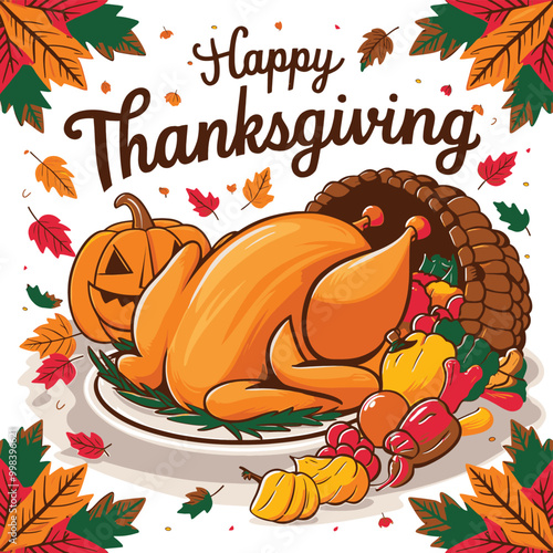 Happy Thanksgiving Roasted Turkey with Autumn Harvest Feast Illustration