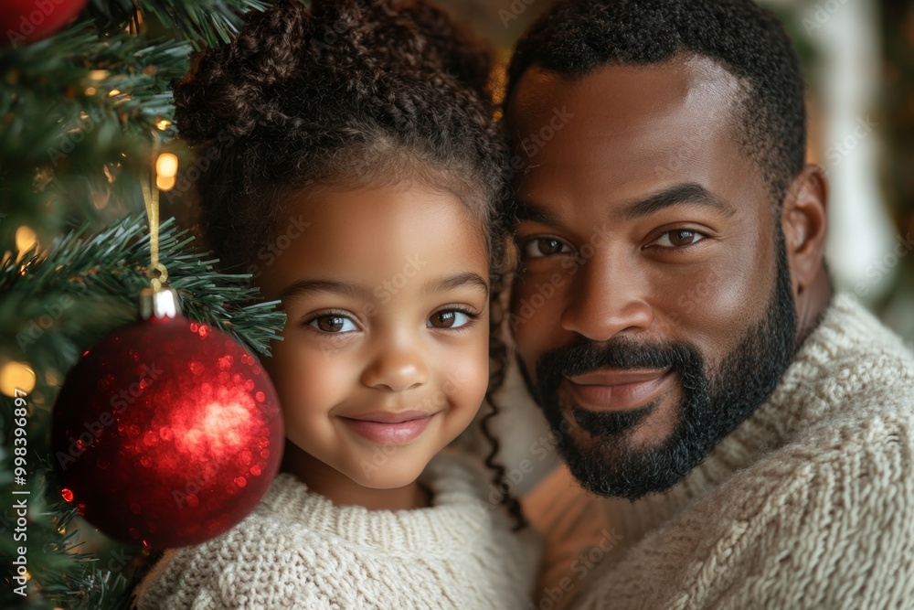 Portrait of a father and daughter decorating a Christmas tree. Christmas concept. Happy family decorating christmas tree Portrait of a father and daughter decorating a Christmas tree. Christmas concept. Happy family decorating christmas tree