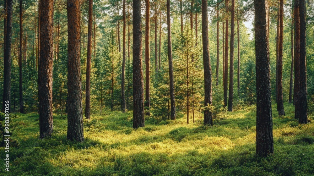 Picture a vibrant pine forest with tall trees and a carpet of green needles. Picture a vibrant pine forest with tall trees and a carpet of green needles.