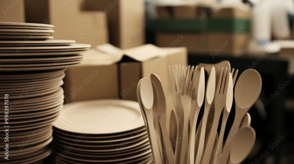 A collection of stacked plates and wooden utensils arranged beside cardboard boxes, suggesting preparation for an event or catering service. A collection of stacked plates and wooden utensils arranged beside cardboard boxes, suggesting preparation for an event or catering service.
