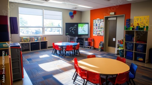 A classroom equipped with assistive technology tools for special needs students, enhancing their learning experience.