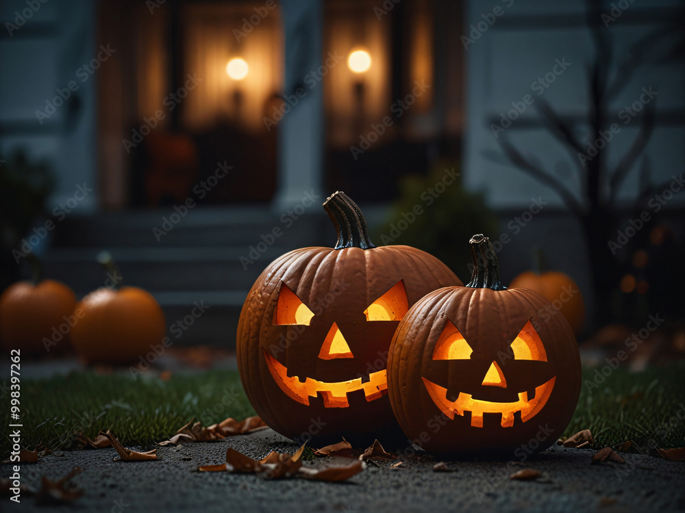 A glowing jack-o’-lantern in a misty, twilight forest setting. A glowing jack-o’-lantern in a misty, twilight forest setting.