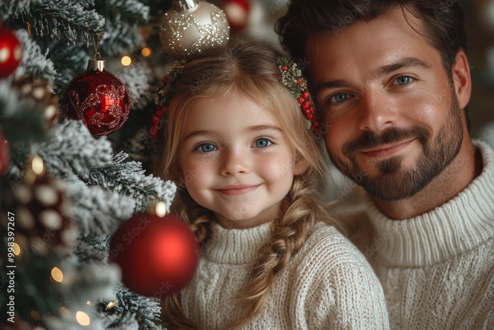 Portrait of a father and daughter decorating a Christmas tree. Christmas concept. Happy family decorating christmas tree Portrait of a father and daughter decorating a Christmas tree. Christmas concept. Happy family decorating christmas tree